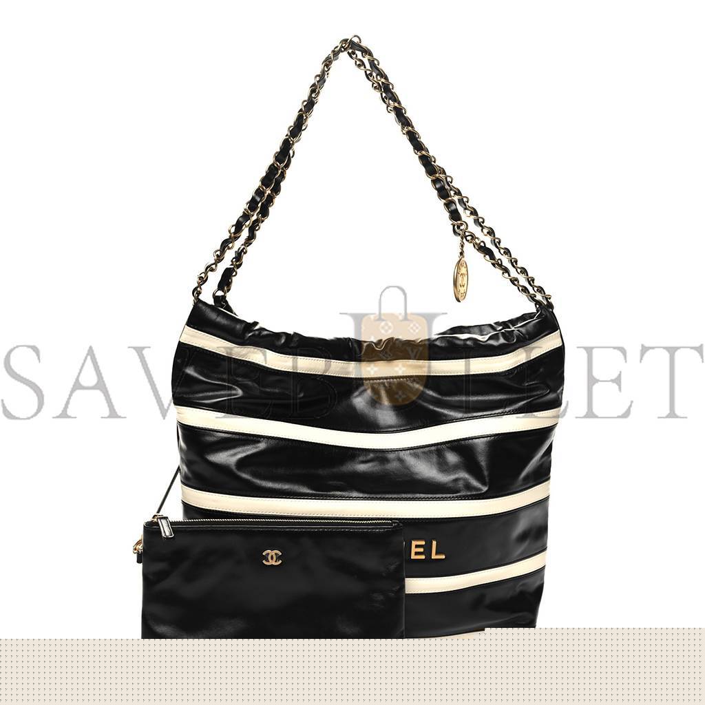 Ch*el master shiny calfskin striped small Ch*el 22 black white as3260 (37*35*7cm)
